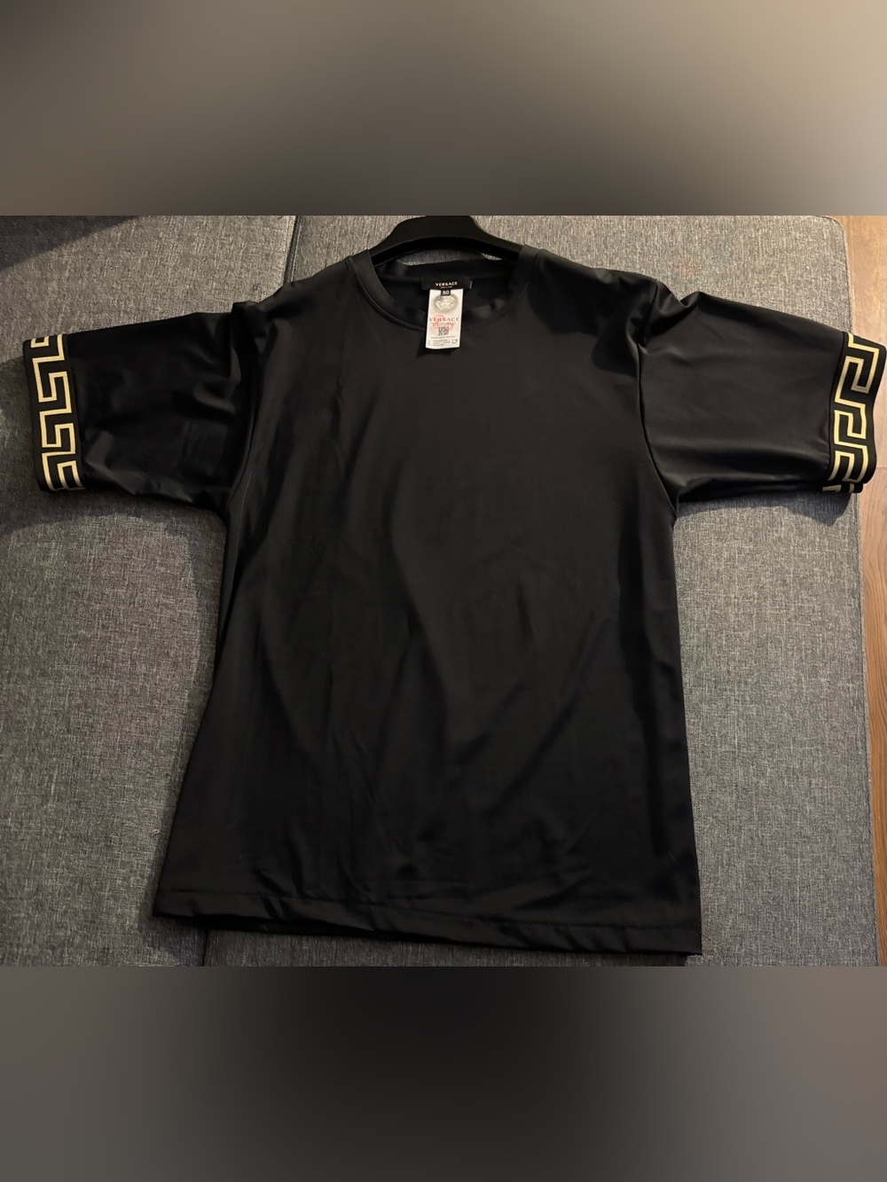 Versace Black Short-Sleeve Tee with Gold Greek Key Sleeve Trim